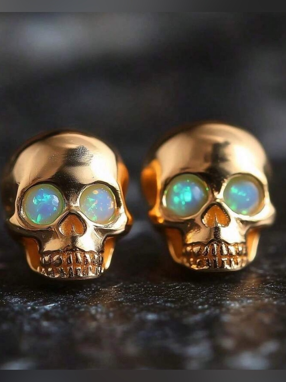 Gold Skull Stud Earrings with Opal like Eyes